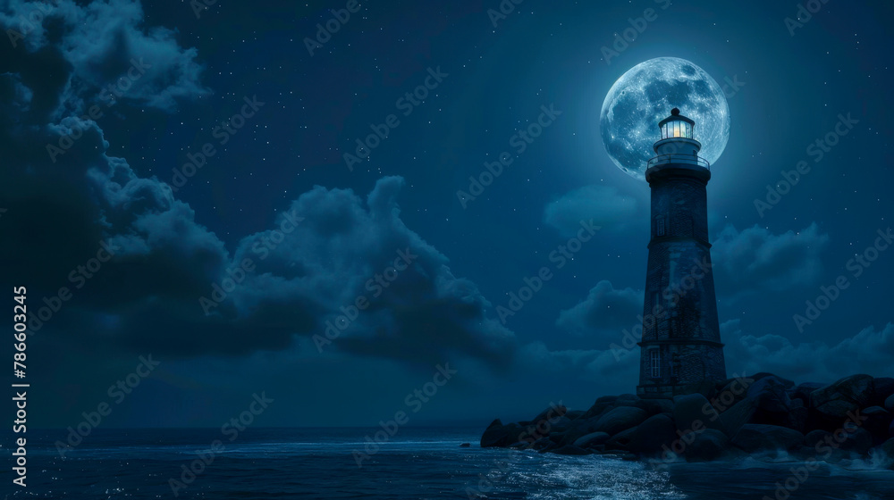 A lighthouse is lit up in the dark night sky A lighthouse is lit up in the dark night sky