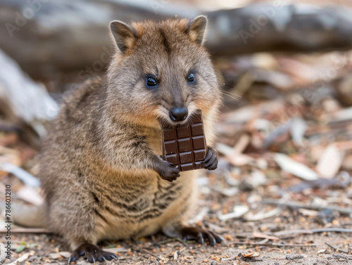 A small brown and white animal is holding a chocolate bar in its mouth