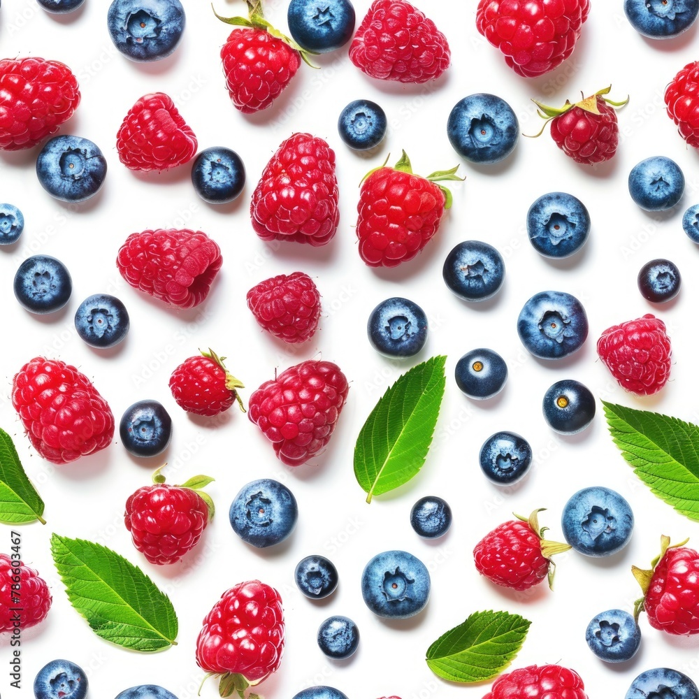 Fresh raspberries, blueberries, and green leaves on a clean white background. Ideal for healthy eating or summer fruit concepts Fresh raspberries, blueberries, and green leaves on a clean white background. Ideal for healthy eating or summer fruit concepts
