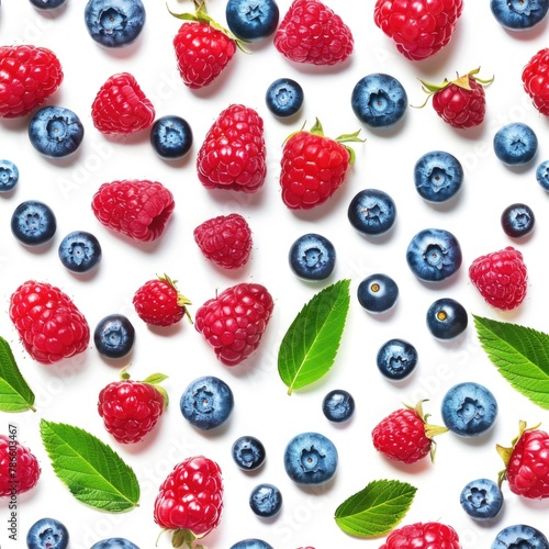 Fresh raspberries, blueberries, and green leaves on a clean white background. Ideal for healthy eating or summer fruit concepts