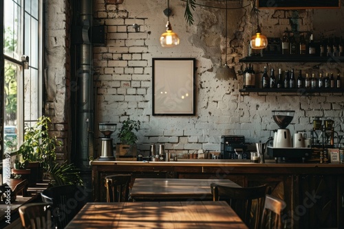 framed poster mockup. In the modern interior of a cafe restaurant