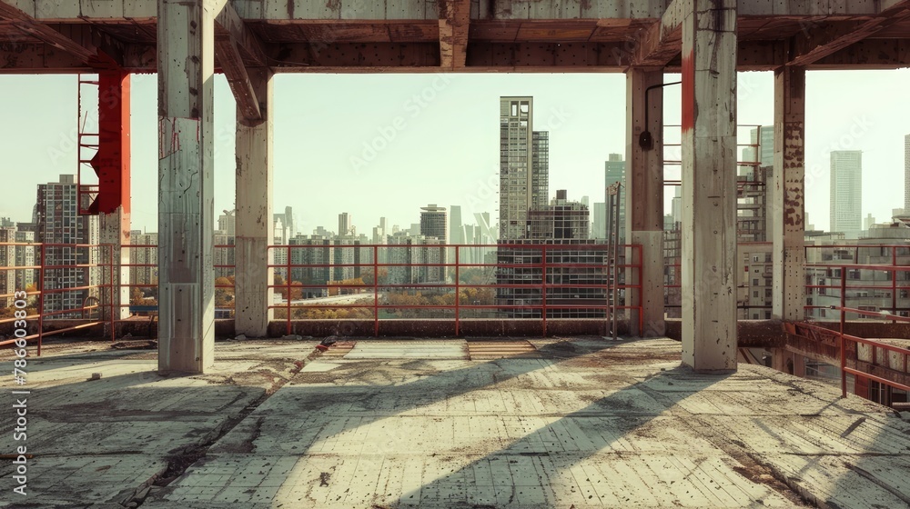 urban landscapes with ultra-high definition photography capturing the intricate details of unfinished buildings against the backdrop of the city skyline.