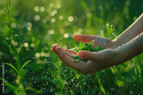 Person sprinkling water on a plant, suitable for gardening concepts