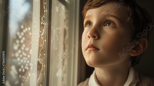 A young boy looking out of a window. Suitable for various concepts