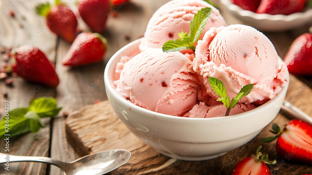 Scooped homemade strawberry ice cream ready to be served Scooped homemade strawberry ice cream ready to be served