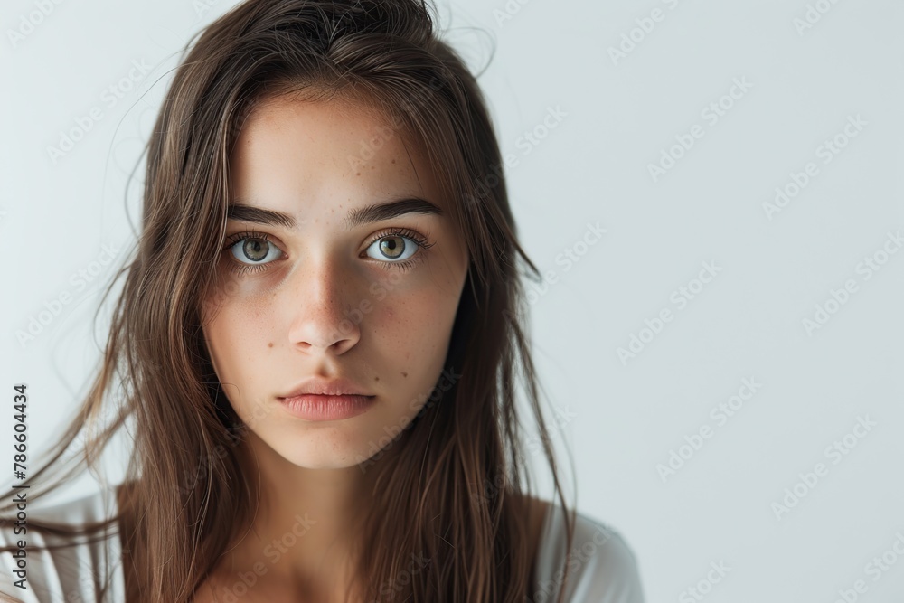 Portrait of depressed young woman on white background