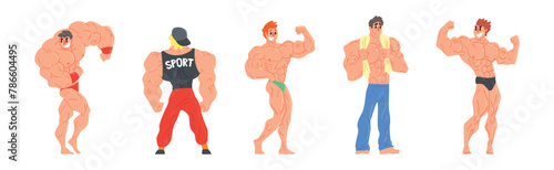 Young Muscular Man Character Standing Showing Muscles Vector Set
