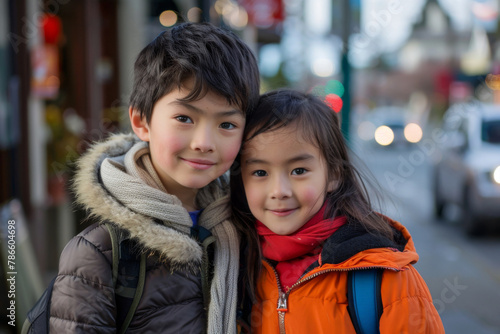 Warmly dressed sibling children sharing a smile on a busy city street, embodying family and happiness