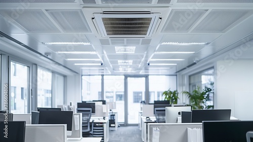 A sleek, modern office space with a discreet ceiling cassette air conditioning unit, minimalist, efficient, innovative, contemporary, cool