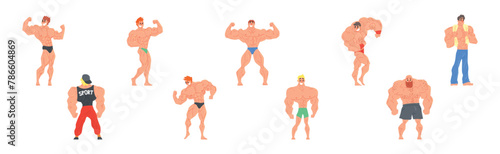 Young Muscular Man Character Standing Showing Muscles Vector Set