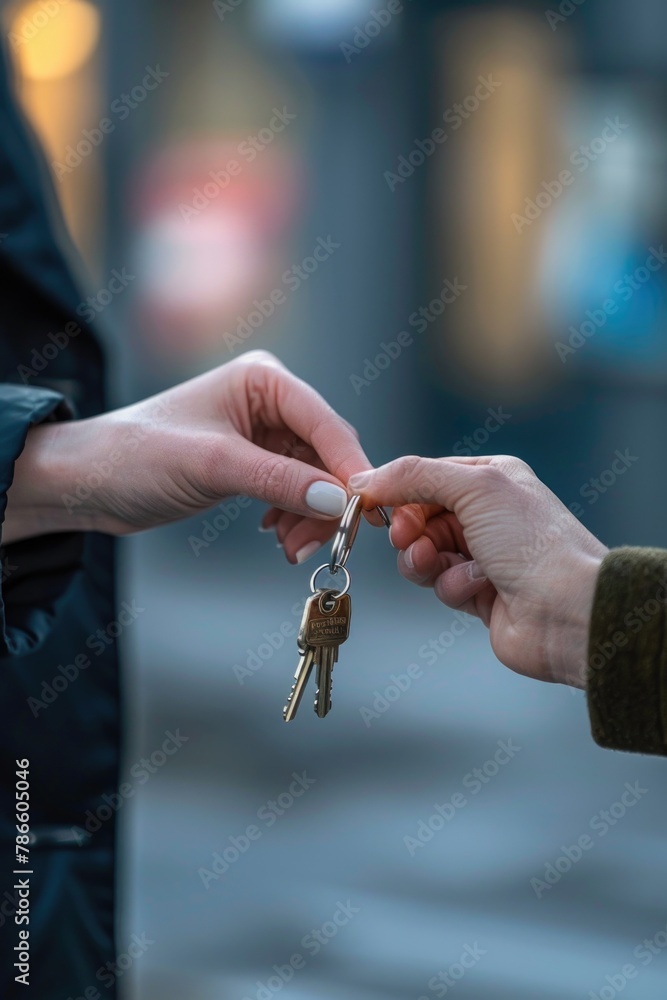A person handing a bunch of keys to another person. Ideal for real estate or car rental concepts