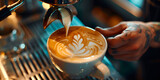 Art Of Cappuccino Barista Pouring Milk With Precision Background