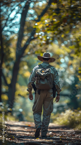A Park Ranger Patrolling park grounds, trails, and recreational areas to ensure visitor safety, compliance with park regulations, and protection of natural resources, realistic people photography