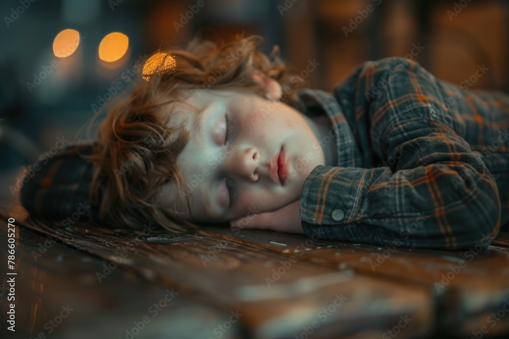A peaceful image of a young boy sleeping on a table. Suitable for various educational and family-related projects A peaceful image of a young boy sleeping on a table. Suitable for various educational and family-related projects