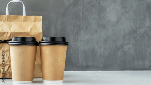 two paper coffee cups and brown paper bag on white table and gray wall background, copy space, your product name place. photo