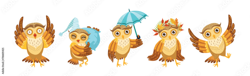 Funny Owl Character with Feathers and Wing in Different Activity Vector Set