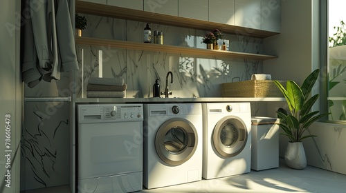 laundry room emphasizing the harmonious blend of modern aesthetics and hygienic cleanliness, creating an inviting atmosphere for household chores.