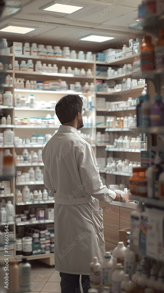 A Pharmacy Technician Assisting pharmacists, hyperrealistic Pharmacy photography