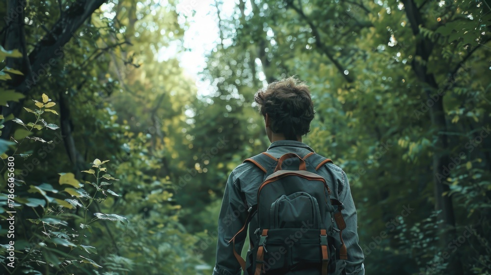 A man with a backpack walking through a forest. Ideal for outdoor and adventure concepts