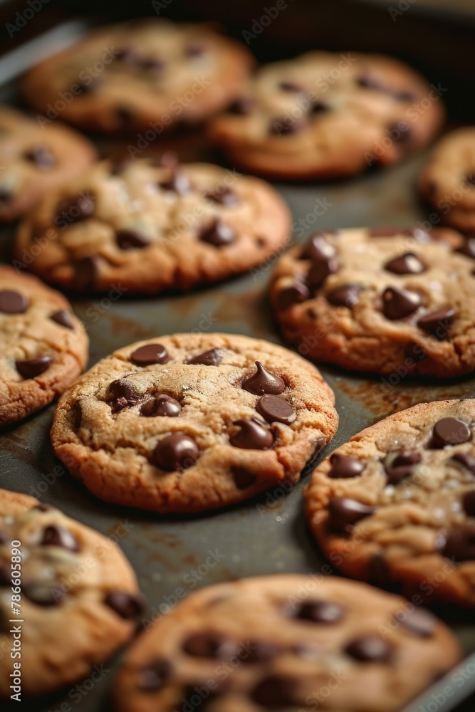 Delicious chocolate chip cookies on a wooden table, perfect for food and bakery concepts Delicious chocolate chip cookies on a wooden table, perfect for food and bakery concepts
