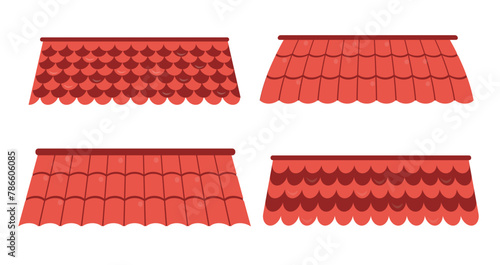 Set of red roofs for houses.Vector illustration of a roof made of different types of materials:slate, tiles isolated on a white background.Protection of the building from the sun, wind, precipitation.