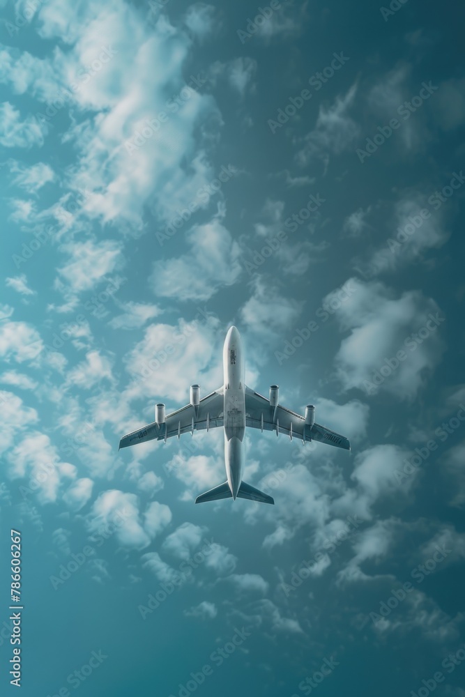 Fototapeta premium Airplane flying through a cloudy blue sky, suitable for travel and transportation concepts