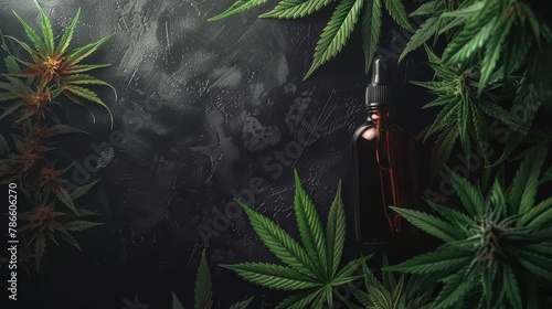 CBD cannabis medical oil and leaves on dark background, flat lay, minimal style, sunlight, banner, empty space