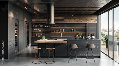 a modern kitchen with black and white walls, concrete floors, white countertops, and wooden cupboards through high-resolution photography, accentuating sharp details and clean lines.