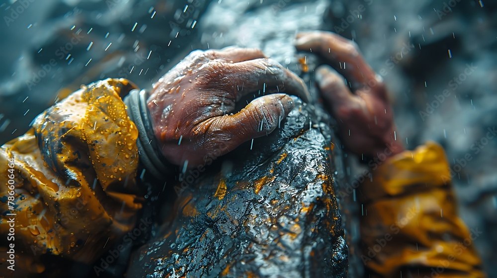 Highlight the tension in a climber's fingertips as they grip a challenging rock face.