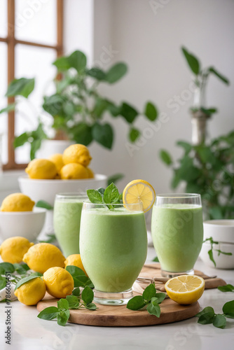 Green detox smoothies with fresh green leafy vegetables and lemon. Healthy food.