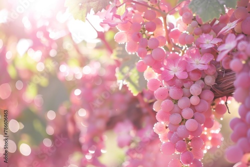 Pink grapes dangling from a vine amidst pink flowers and foliage