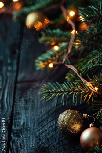 Close up of a Christmas tree with lights in the background. Perfect for holiday concepts