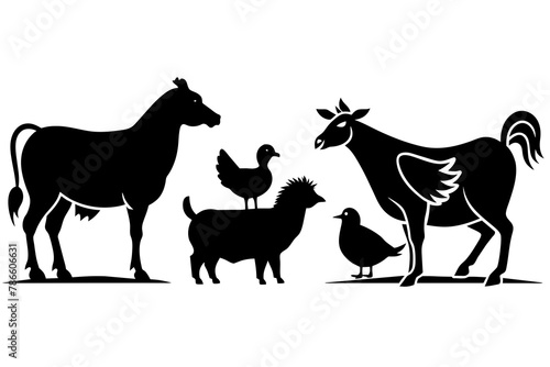 Vector farm animals silhouettes isolated on white. Livestock and poultry icons