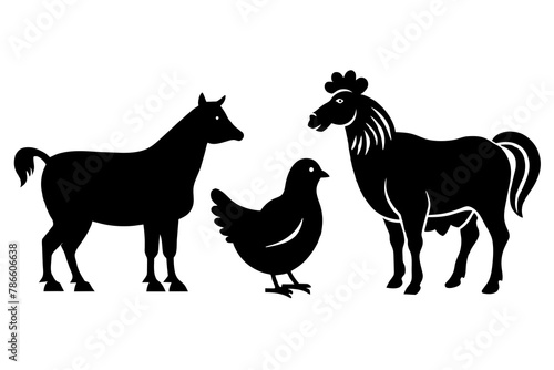 Vector farm animals silhouettes isolated on white. Livestock and poultry icons