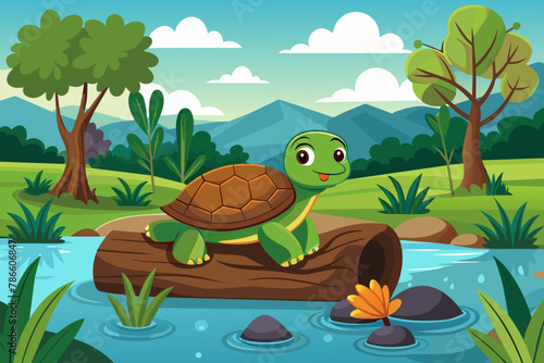 A turtle taking a break on a log in a tranquil pond Vector illustration 
