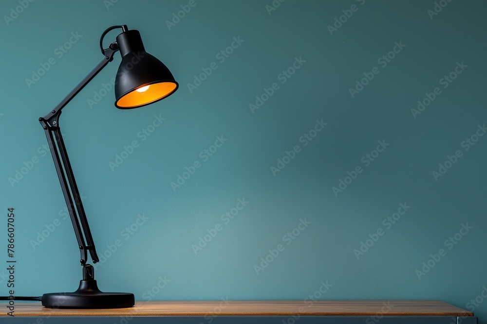 Modern table lamp with light on blue background Modern table lamp with light on blue background