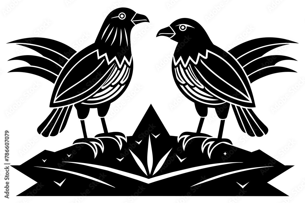 Naklejka premium Minimalist 2 large birds standing on rock section heading flourish vector 