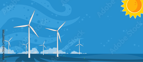 Wind farm, offshore wind turbines, wind towers, renewable energy sources - vector illustration