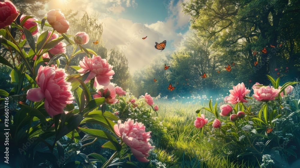 a spring morning as peonies bloom, butterflies dance, sunlight bathes the scene in brightness, the sky radiates a deep blue hue, and lush green grass completes the picturesque landscape.