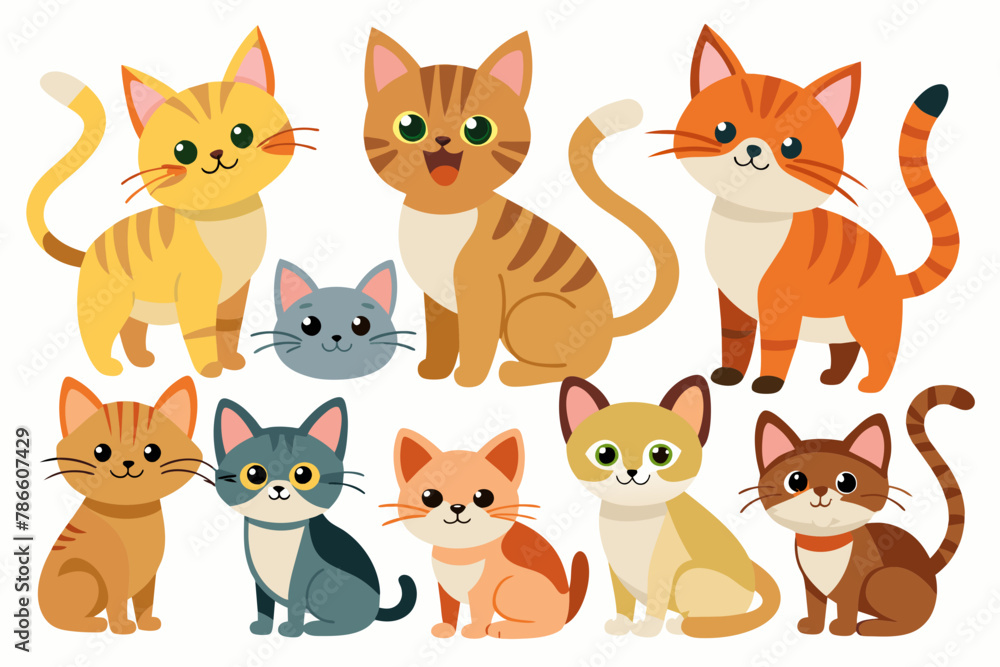 Obraz premium Cute cats and funny kitten doodle element vector. Happy international cat day characters design collection with flat color in different poses. Set of adorable pet animals isolated on white background