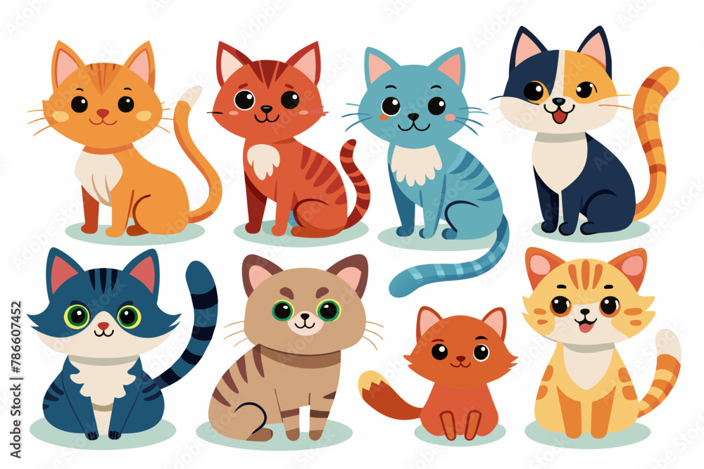 Cute cats and funny kitten doodle element vector. Happy international cat day characters design collection with flat color in different poses. Set of adorable pet animals isolated on white background Cute cats and funny kitten doodle element vector. Happy international cat day characters design collection with flat color in different poses. Set of adorable pet animals isolated on white background