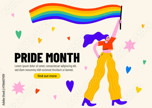 Female woman cartoon character hold rainbow flag during Pride month, gay parade celebration, lgbt festival, people against descrimination. human rights, equality. Web banner, poster, design concept