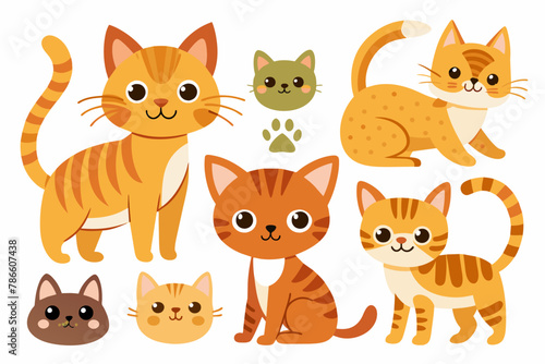 Cute cats and funny kitten doodle element vector. Happy international cat day characters design collection with flat color in different poses. Set of adorable pet animals isolated on white background