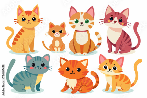 Cute cats and funny kitten doodle element vector. Happy international cat day characters design collection with flat color in different poses. Set of adorable pet animals isolated on white background