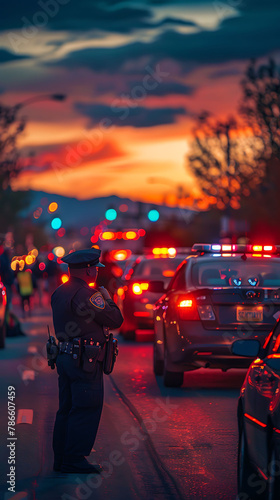 A Police Officer Conducting a traffic stop to check for driver's license and registration, realistic people photography
