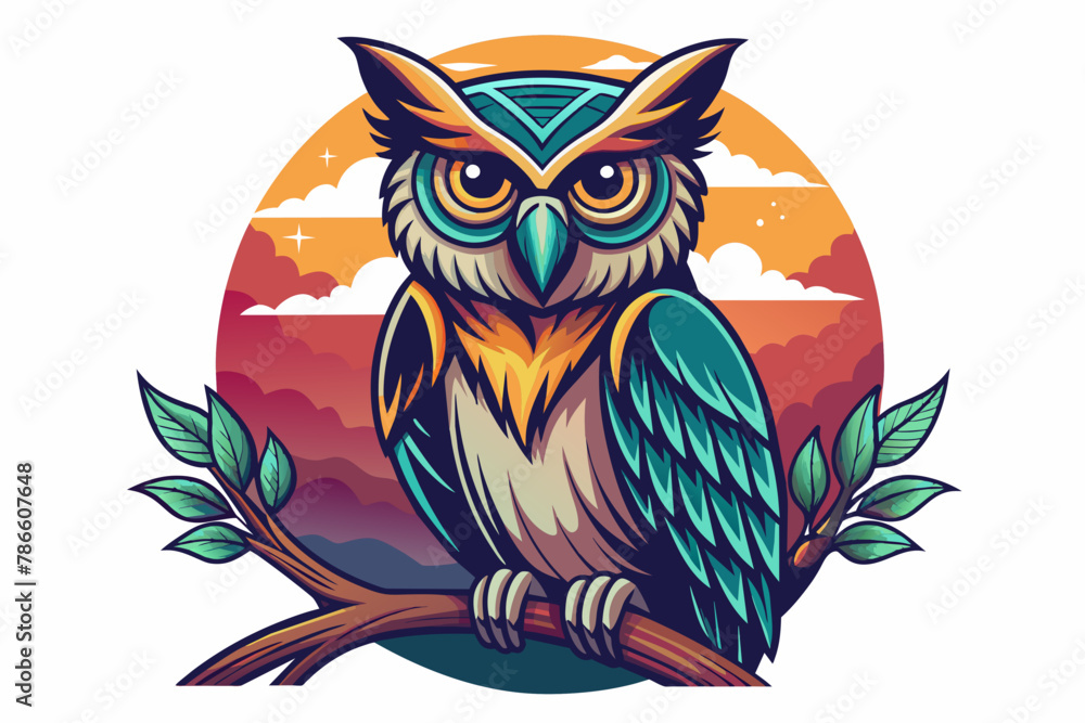Obraz premium Create a captivating t-shirt design featuring a majestic owl perched on a branch against an white background