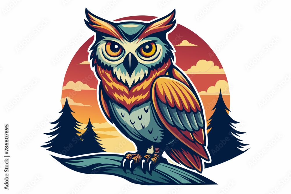 Fototapeta premium Create a captivating t-shirt design featuring a majestic owl perched on a branch against an white background