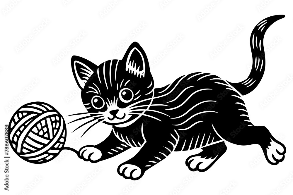 A playful kitten chasing after a ball of yarn vector silhouette 