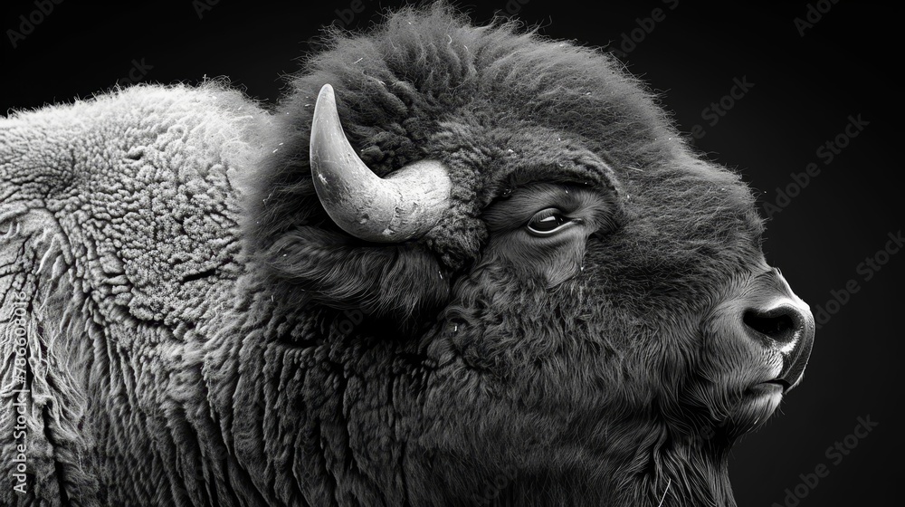   A black-and-white image of a bison's head against a jet-black backdrop, its face adorned with horns
