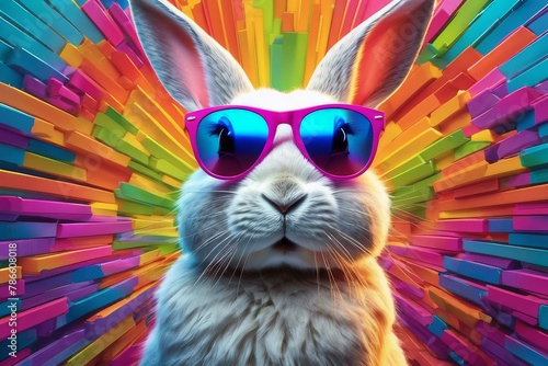 Brutal rabbit in glasses on a multi-colored neon background photo
